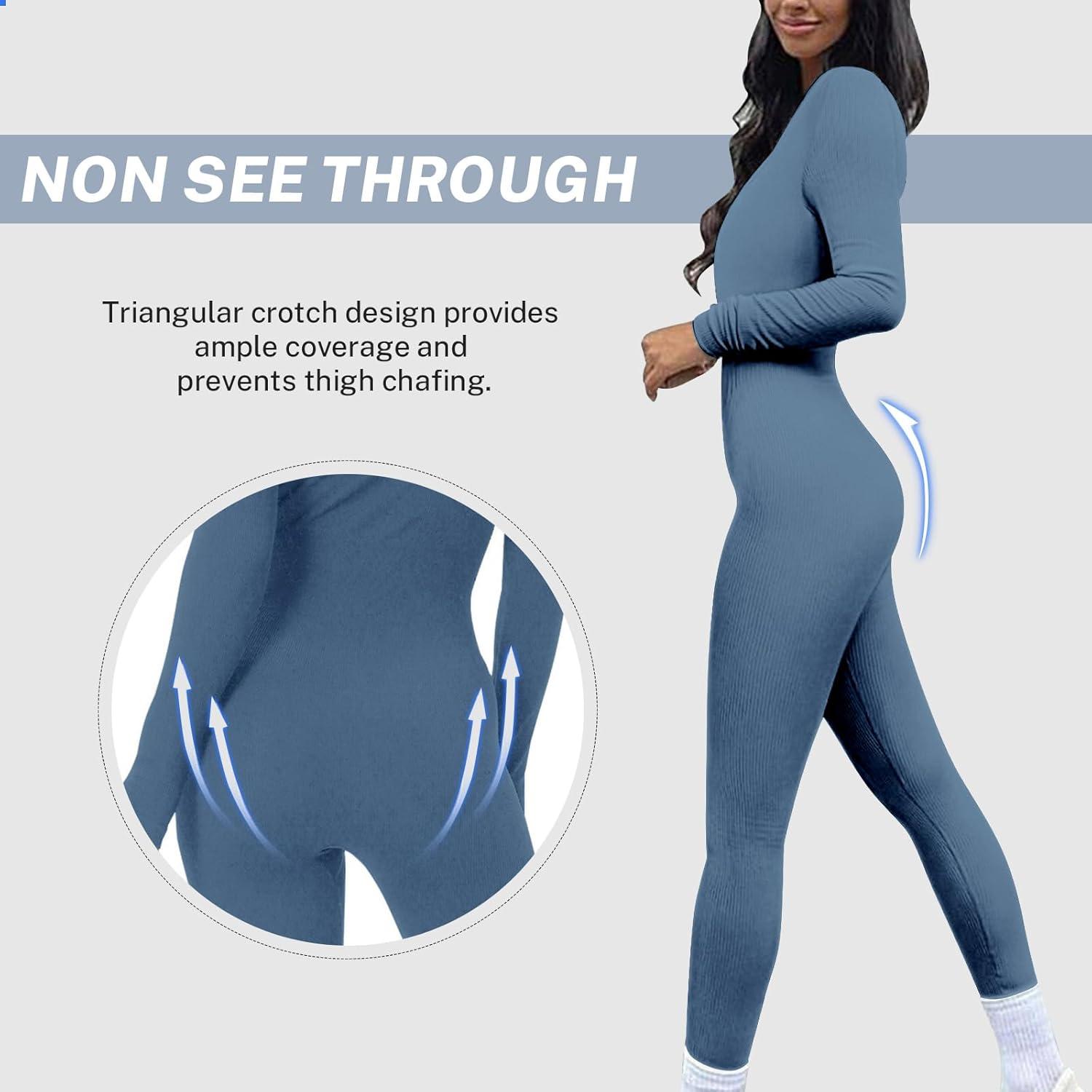 imageOEAK Womens Ribbed Jumpsuit with Tummy Control Long Sleeve Unitard Casual Yoga Rompers High Waisted One Piece Workout BodyconDark Blue