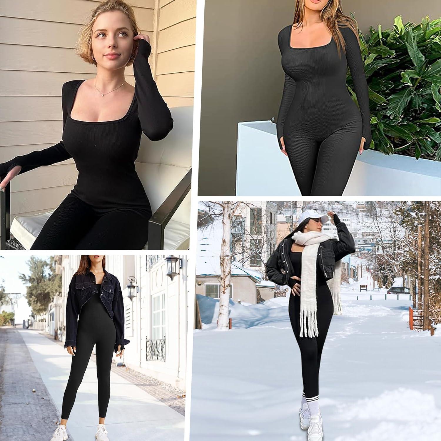 imageOEAK Womens Ribbed Jumpsuit with Tummy Control Long Sleeve Unitard Casual Yoga Rompers High Waisted One Piece Workout BodyconDark Blue