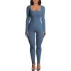 imageOEAK Womens Ribbed Jumpsuit with Tummy Control Long Sleeve Unitard Casual Yoga Rompers High Waisted One Piece Workout BodyconDark Blue