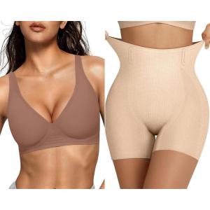 OEAK Womens Deep V Bras Wireless Bras Coffee & Tummy Control Shapewear for Women Seamless Nude 3XL