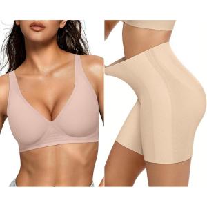 OEAK Womens Deep V Bras Wireless Bras & Tummy Control Shapewear for Women Seamless Nude L