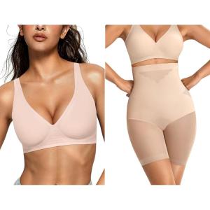 OEAK Womens Deep V Bras Wireless & Tummy Control Shapewear SuperPower Nude 2XL