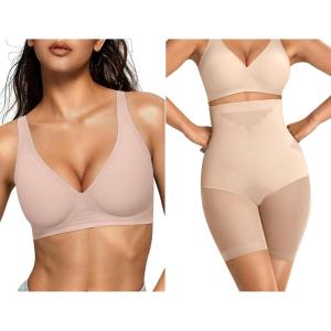 OEAK Womens Deep V Bras Wireless & Tummy Control Shapewear SuperPower Nude XXL