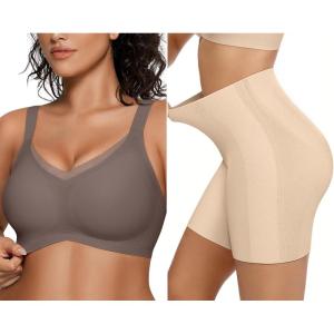 OEAK Womens Wireless Bras V Mesh Comfortable Grey & Tummy Control Shapewear Nude XL