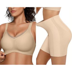 OEAK Womens Wireless Bras V Mesh Comfortable Semolina & Tummy Control Shapewear Nude 3XL