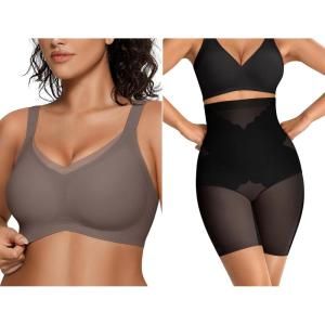 OEAK Womens Wireless Bras V Mesh Grey & Tummy Control SuperPower Black L