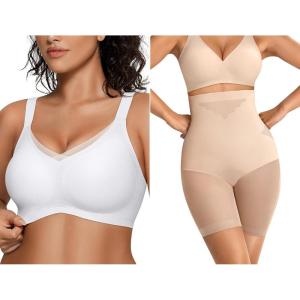 OEAK Womens Wireless Bras V Mesh White & Tummy Control Superpower Nude S