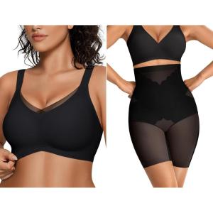 OEAK Womens Wireless Bras V Mesh & Tummy Control SuperPower Black M
