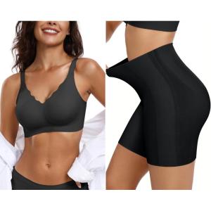 OEAK Womens Wireless Push Up Bras & Tummy Control Shapewear Seamless Black M