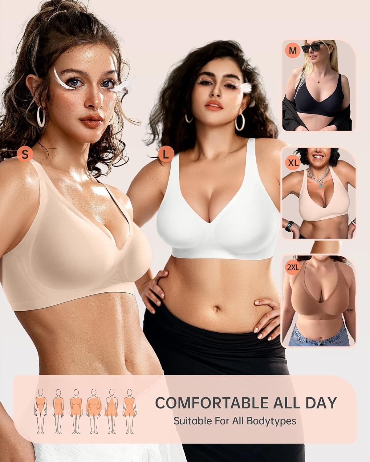 imageOEAK Womens Deep V Bras Wireless Comfortable Bra Supportive No Underwire Bras Tshirt Push Up Bralettes Plunge Seamless Bra M Skin Color