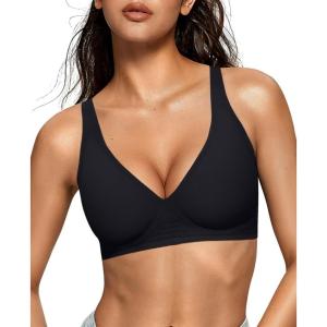 OEAK Womens Deep V Bras Comfortable Bra Support Push Up Bralettes Low Cut no Underwire Bra Plunge Seamless Tshirts Bras Black XXL