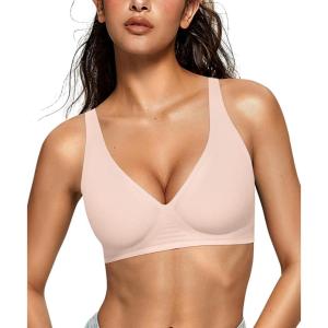 OEAK Womens Deep V Bras Wireless Comfortable Bra Supportive No Underwire Bras Tshirt Push Up Bralettes Plunge Seamless Bra M Skin Color