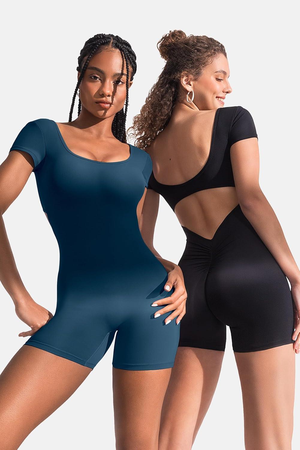 imageShort Sleeve Jumpsuit Workout for Women Square Neck One Piece Backless Tummy Control Bodycon Scrunch Butt Yoga RompersPeacock Blue