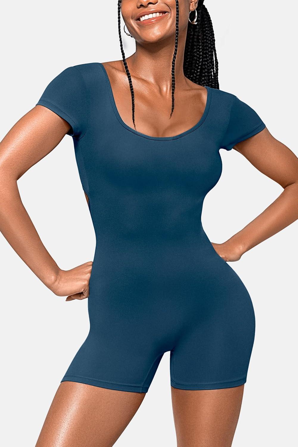imageShort Sleeve Jumpsuit Workout for Women Square Neck One Piece Backless Tummy Control Bodycon Scrunch Butt Yoga RompersPeacock Blue
