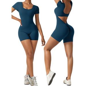 Short Sleeve Jumpsuit Workout for Women Square Neck One Piece Backless Tummy Control Bodycon Scrunch Butt Yoga Rompers(Peacock Blue)