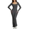 imageOEAK Ribbed Flare Jumpsuit for Women 2024 Long Sleeve Unitard Square Neck One Piece Workout Outfits Yoga Wide Leg BodysuitDark Grey