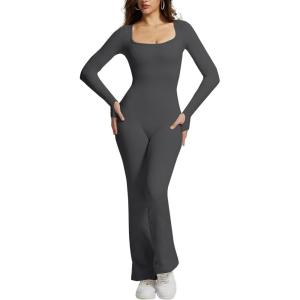OEAK Ribbed Flare Jumpsuit for Women 2024 Long Sleeve Unitard Square Neck One Piece Workout Outfits Yoga Wide Leg Bodysuit(Dark Grey)