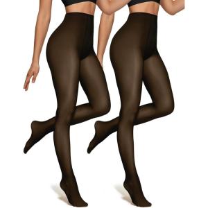 OEAK Womens 2 Pairs Fleece Lined Tights Fake Translucent Pantyhose Thermal Opaque High Waisted Warm Legging Pants Footed Sheer Leggings Black 2XL 220g(Thin Fleece)