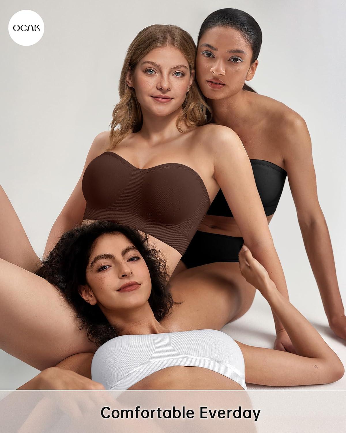 imageOEAK Strapless Bras for Women Wireless Bandeau Bra Non Slip Push Up Tube Top Seamless Bras Comfortable Padded Bralette Chocolate XXL