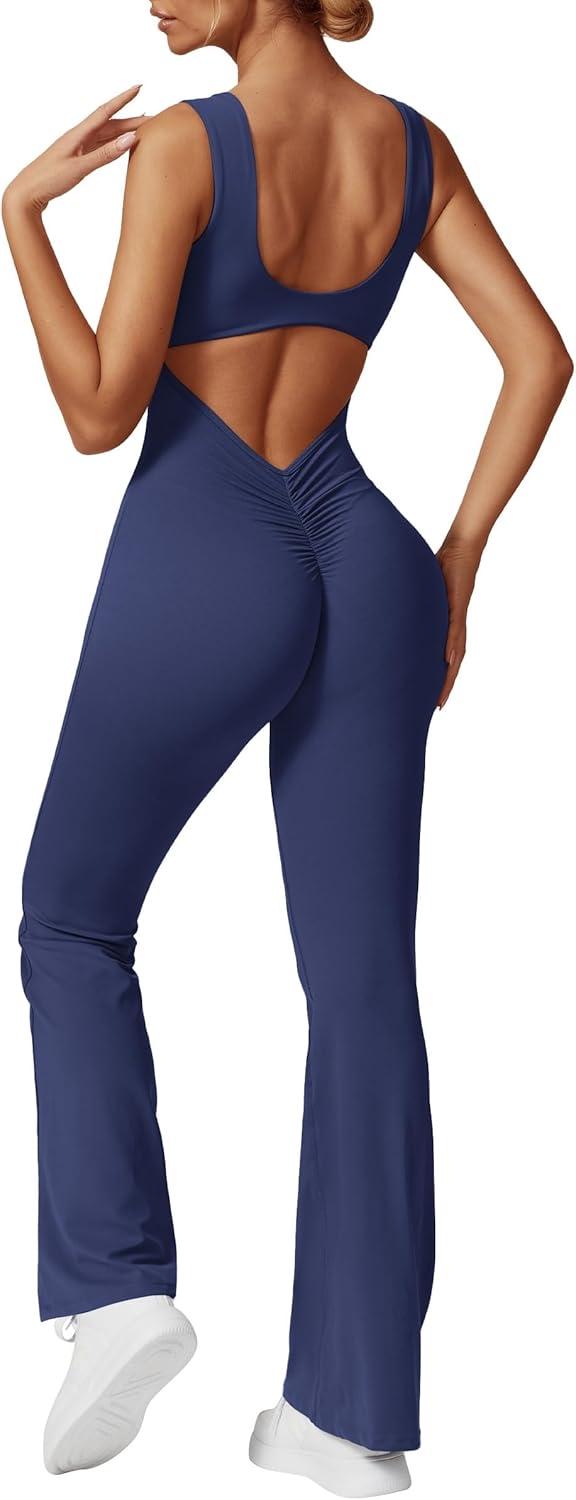 imageOEAK Womens Scrunch Butt Jumpsuits Flare Backless Romper Tummy Control Unitard Square Neck Outfits One Piece Cutout BodysuitsBlue