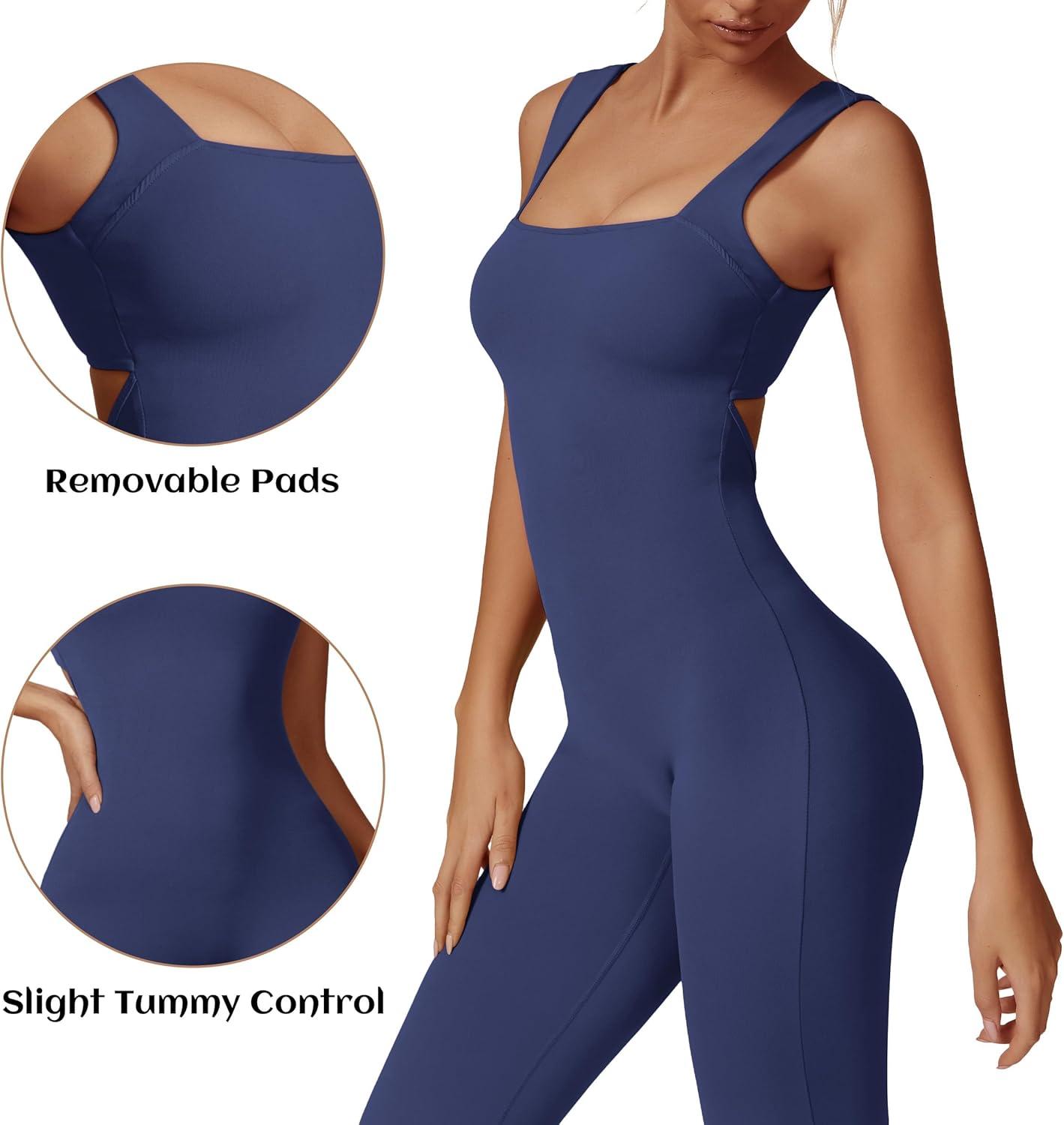 imageOEAK Womens Scrunch Butt Jumpsuits Flare Backless Romper Tummy Control Unitard Square Neck Outfits One Piece Cutout BodysuitsBlue
