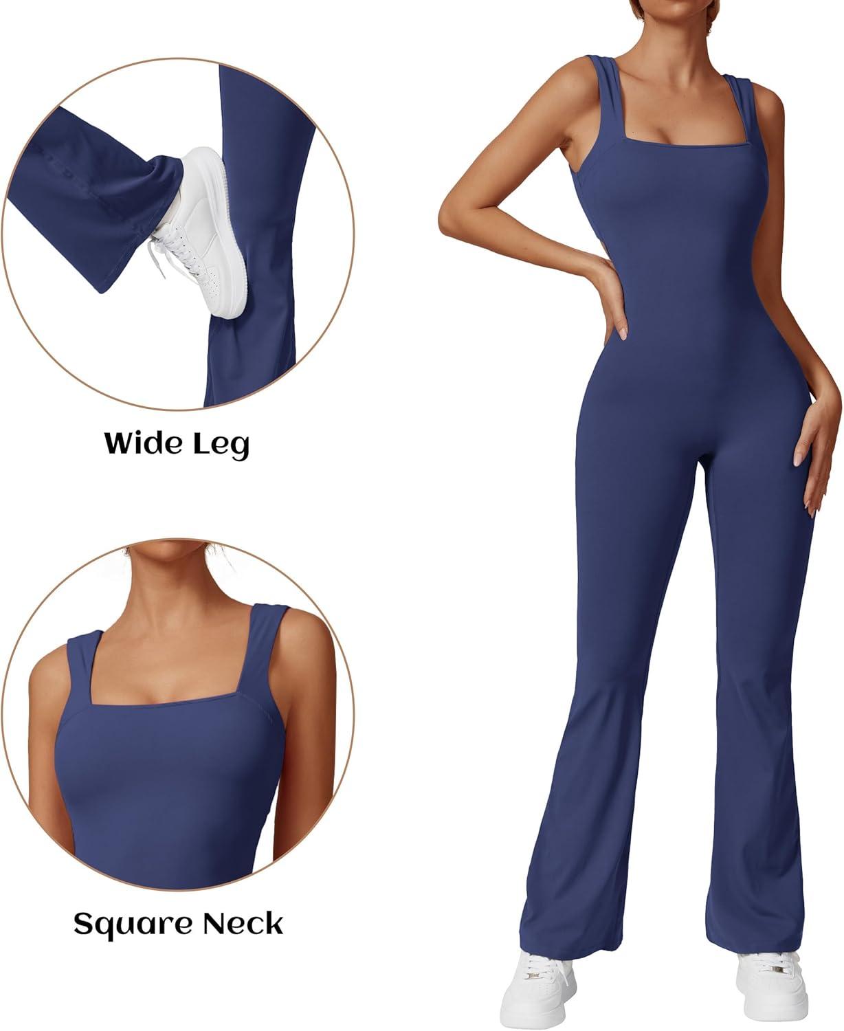 imageOEAK Womens Scrunch Butt Jumpsuits Flare Backless Romper Tummy Control Unitard Square Neck Outfits One Piece Cutout BodysuitsBlue