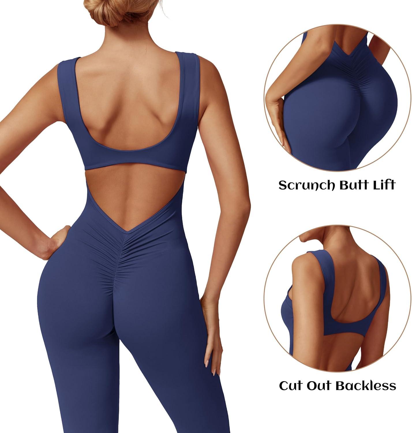 imageOEAK Womens Scrunch Butt Jumpsuits Flare Backless Romper Tummy Control Unitard Square Neck Outfits One Piece Cutout BodysuitsBlue