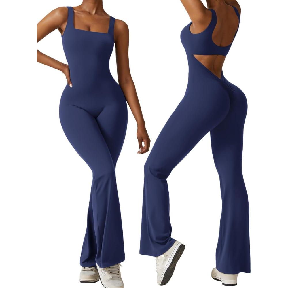 imageOEAK Womens Scrunch Butt Jumpsuits Flare Backless Romper Tummy Control Unitard Square Neck Outfits One Piece Cutout BodysuitsBlue