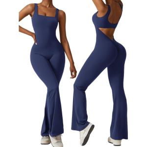 OEAK Womens Scrunch Butt Jumpsuits Flare Backless Romper Tummy Control Unitard Square Neck Outfits One Piece Cutout Bodysuits(Blue)