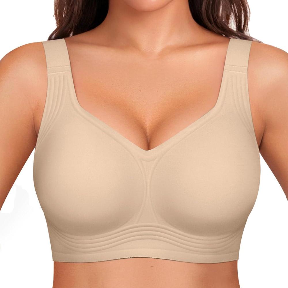 imageOEAK Womens Wireless Jelly Bra Plus Size Supportive Seamless Bras Full Coverage Push Up Comfortable No Underwire Tshirt BrasCreamy Beige