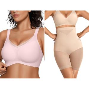 OEAK Womens Wireless Bras V Mesh Pink & Tummy Control Superpower Nude L