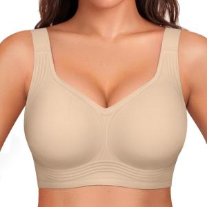 OEAK Womens Wireless Jelly Bra Plus Size Supportive Seamless Bras Full Coverage Push Up Comfortable No Underwire Tshirt Bras(Creamy Beige)