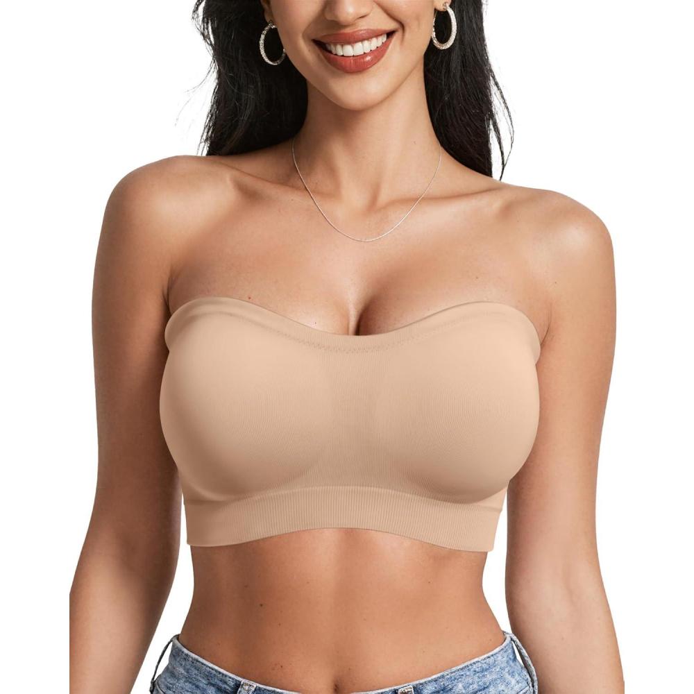 imageOEAK Strapless Bras for Women Wireless Bandeau Bra Non Slip Push Up Tube Top Seamless Bras Comfortable Padded Bralette Nude XXL