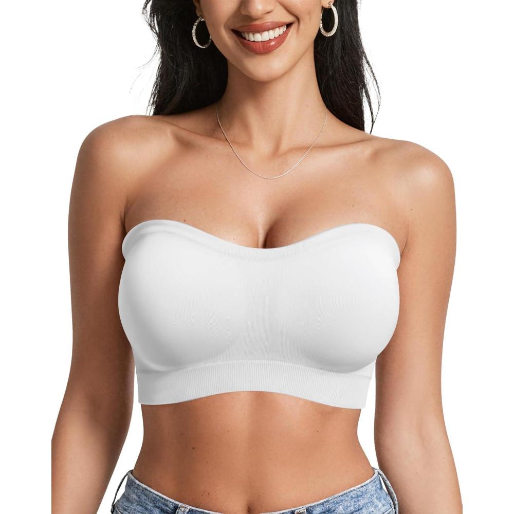 imageOEAK Strapless Bras for Women Wireless Bandeau Bra Non Slip Push Up Tube Top Seamless Bras Comfortable Padded Bralette White XL