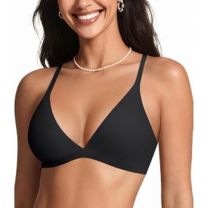 OEAK Womens Comfortable Triangle Bras No Underwire Sexy Plunge Unlined Bralette Pull On Bra Seamless Everyday Tshirt Bras M Black