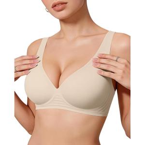 OEAK Womens Deep V Bras Wireless Comfortable Bra Supportive No Underwire Bras Tshirt Push Up Bralettes Plunge Seamless Bra(Champagne)