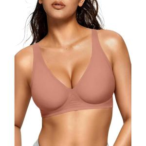 OEAK Womens Deep V Bras Wireless Comfortable Bra Supportive No Underwire Bras Tshirt Push Up Bralettes Plunge Seamless Bra(Dusty Pink)