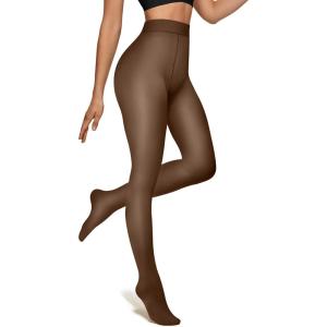 OEAK Womens Fleece Lined Tights Fake Translucent Pantyhose Thermal Opaque High Waisted Winter Legging Footed Sheer Tights(Fake Translucent Toffee)