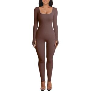 OEAK Womens Ribbed Jumpsuit with Tummy Control Long Sleeve Unitard Casual Yoga Rompers High Waisted One Piece Workout Bodycon(Coffee)