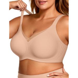 OEAK Womens Wireless Bras V Mesh Comfortable Bralette Supportive Tshirt Bra No Underwire Seamless Push Up Everyday Bras(Praline)