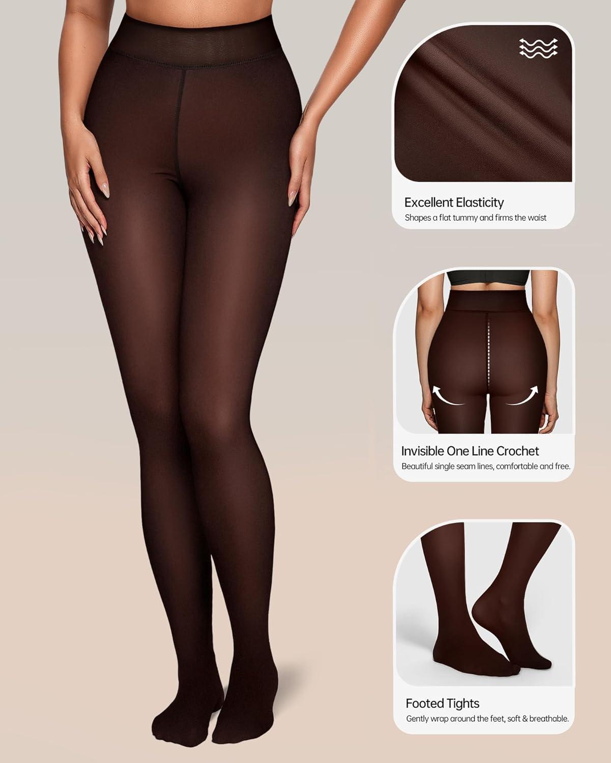 imageOEAK Womens Fleece Lined Tights Sheer Fake Translucent Pantyhose Thermal Tights High Waisted Footed LeggingsBlack Brown