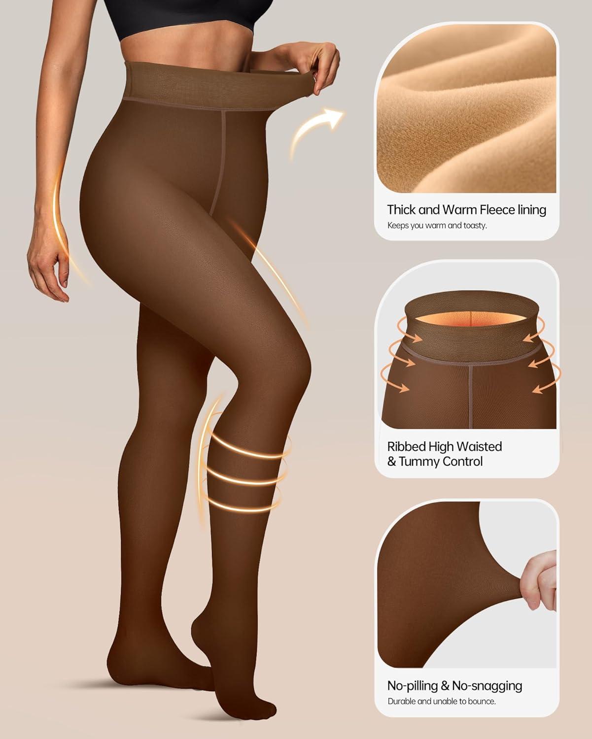imageOEAK Womens Fleece Lined Tights Sheer Fake Translucent Pantyhose Thermal Tights High Waisted Footed LeggingsBrown Coffee
