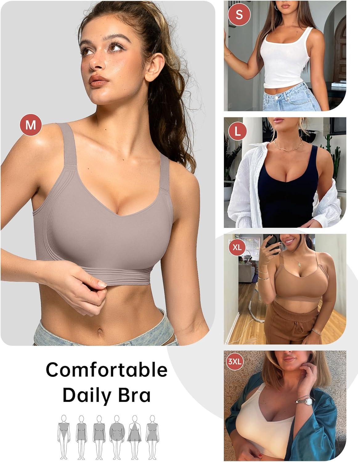 imageOEAK Womens Seamless Push Up Bras No Underwire Full Coverage Anti Sagging Comfortable Bras V Neck Bra Wireless Everyday Bra GreyXL