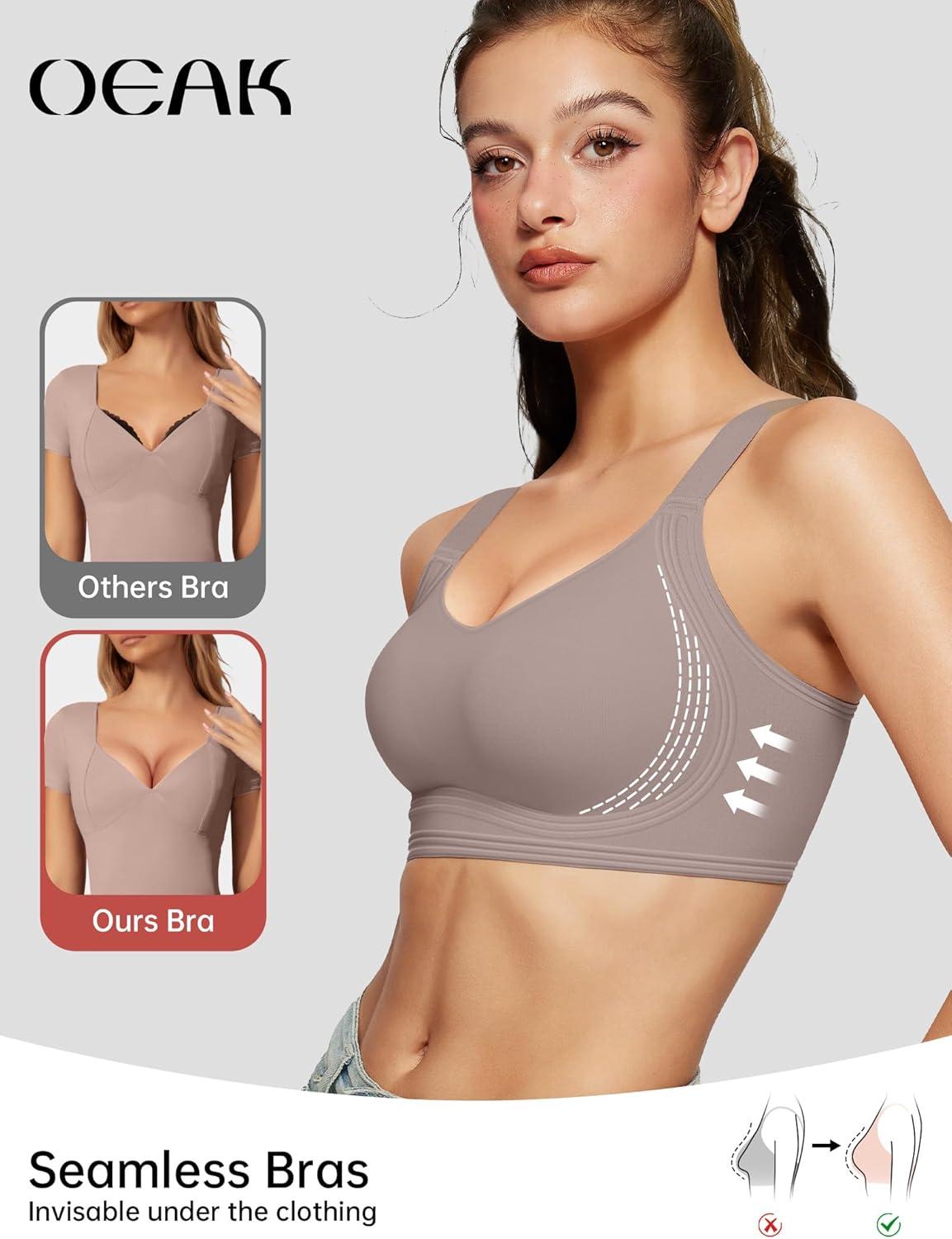 imageOEAK Womens Seamless Push Up Bras No Underwire Full Coverage Anti Sagging Comfortable Bras V Neck Bra Wireless Everyday Bra GreyXL