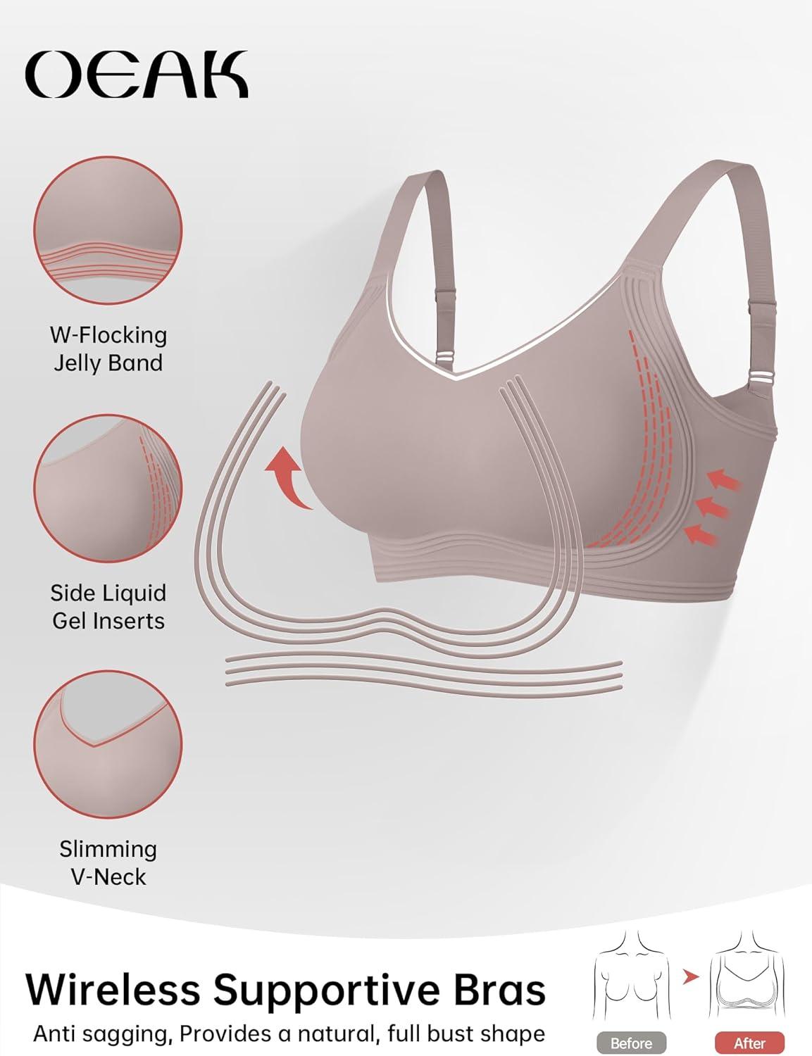 imageOEAK Womens Seamless Push Up Bras No Underwire Full Coverage Anti Sagging Comfortable Bras V Neck Bra Wireless Everyday Bra GreyXL