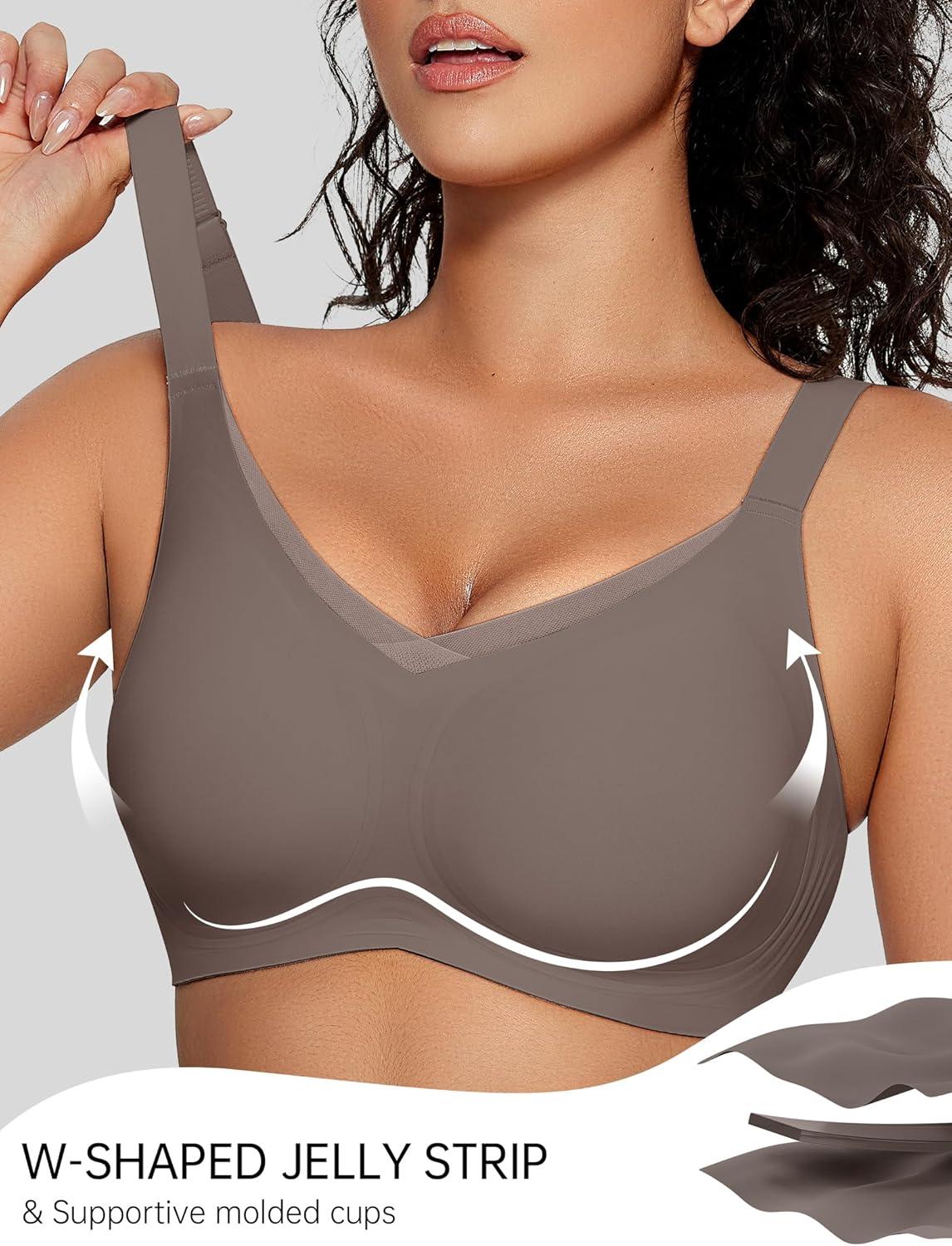 imageOEAK Womens Wireless Jelly Bras V Mesh Comfortable Bralette Supportive Tshirt Bra No Underwire Seamless Push Up Everyday Bras Grey 2XL