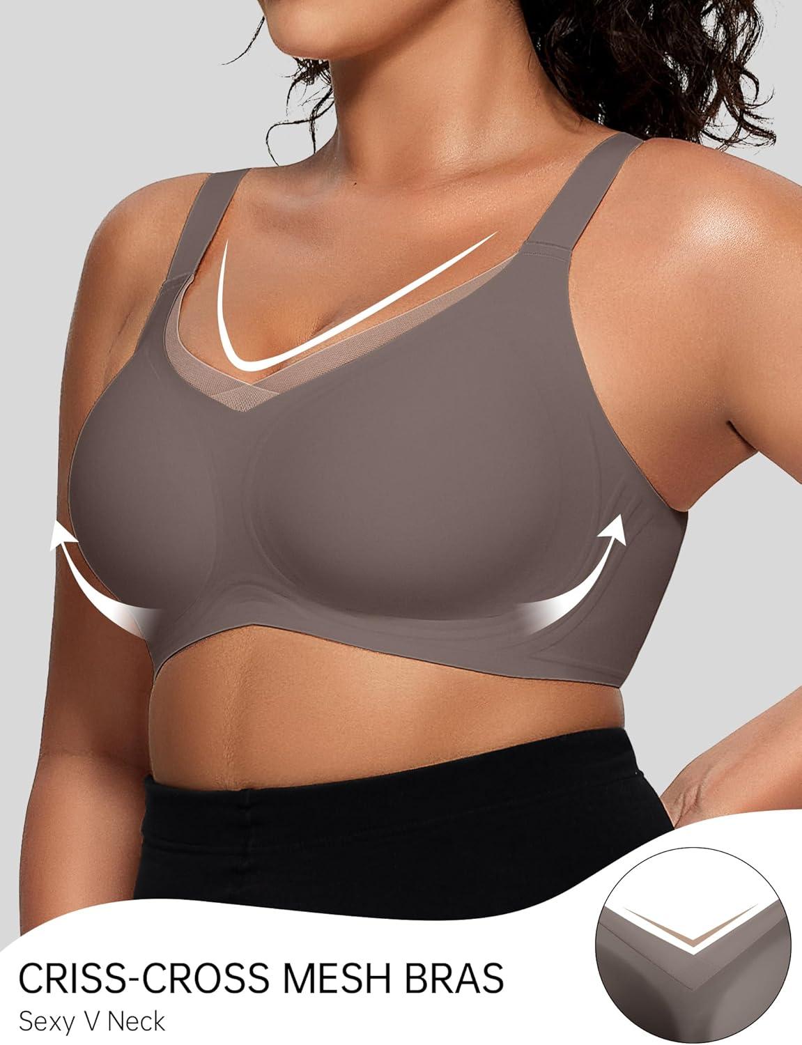 imageOEAK Womens Wireless Jelly Bras V Mesh Comfortable Bralette Supportive Tshirt Bra No Underwire Seamless Push Up Everyday Bras Grey 2XL