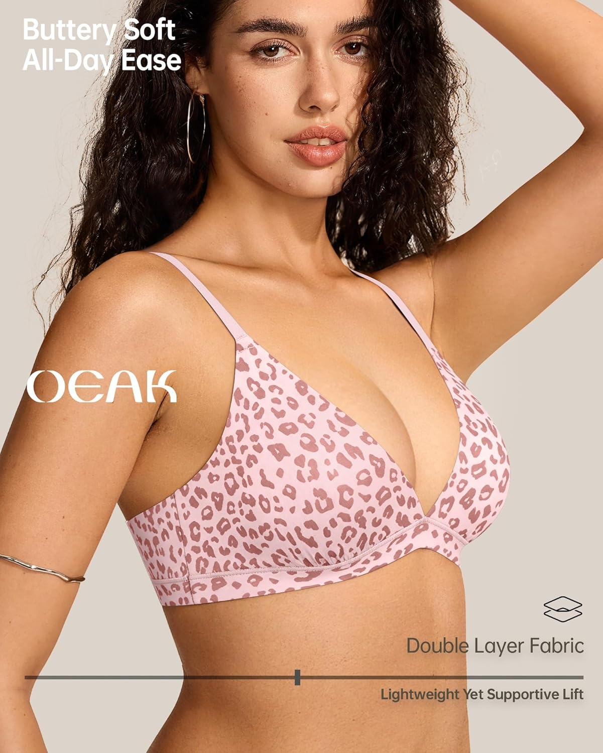 imageOEAK Womens Comfortable Triangle Bras No Underwire Sexy Plunge Unlined Bralette Pull On Bra Seamless Everyday Tshirt BrasPink Leopard