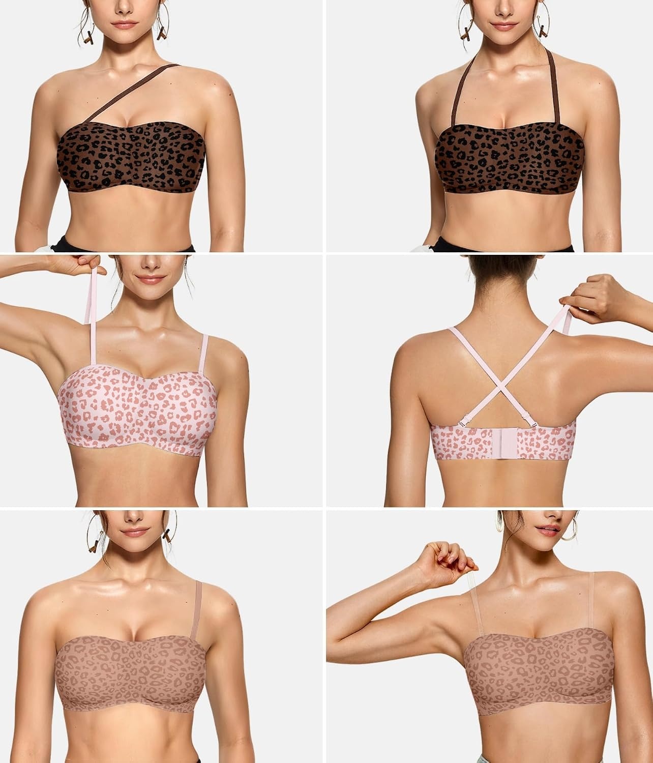 image:imageOEAK Womens Strapless Jelly Bras Push Up Padded Bandeau Wireless Half Bra no underwirecomfortableno showSeamlessnon slipinvisiblesupportivetube brahalf brasmall breastsgelLeopard Pink