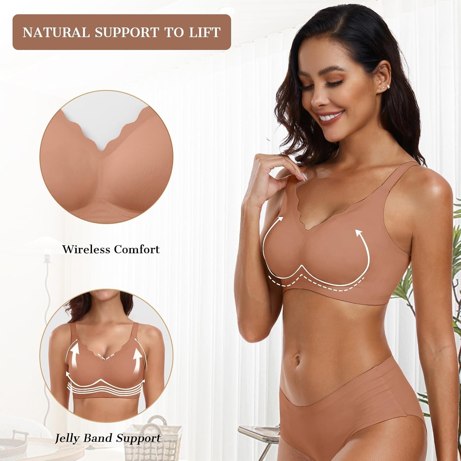 image:imageOEAK Womens Wireless Bras Push Up Jelly Bra Support Tshirt BraletteLatte